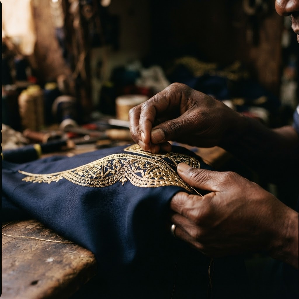 Mains d’un artisan brodant au fil d’or sur un tissu navy dans l’atelier MCFA Style