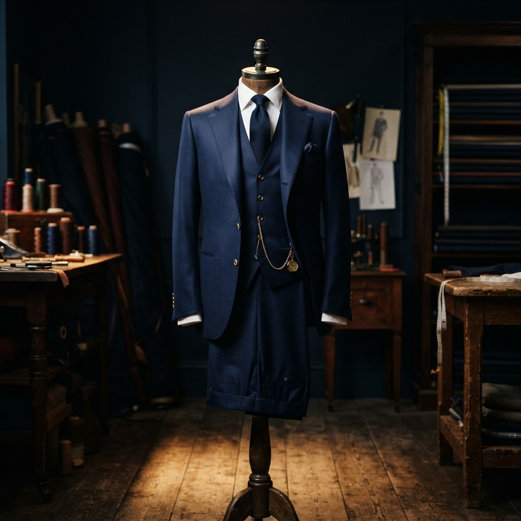 Costume trois-pièces navy sur mannequin de tailleur, confection sur mesure MCFA Style