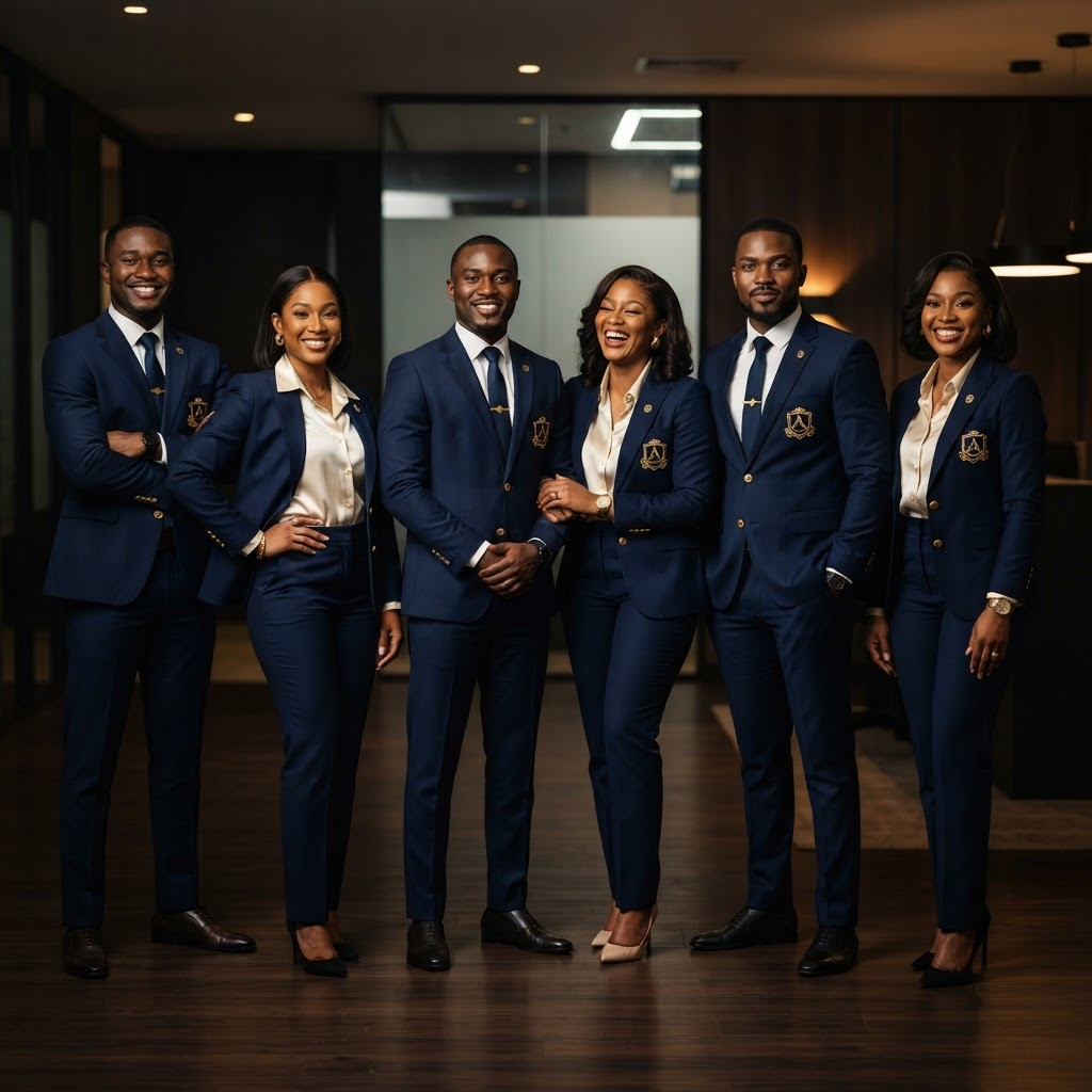 Uniforme d’entreprise navy élégant, personnalisé aux couleurs de la marque
